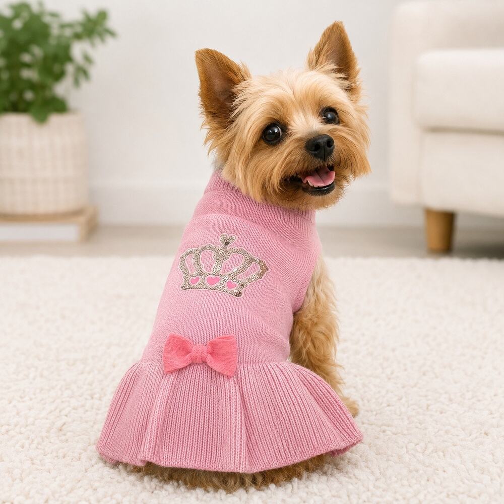 Top Paw brand pink dog sweater dress sequined crown design & a small bow medium